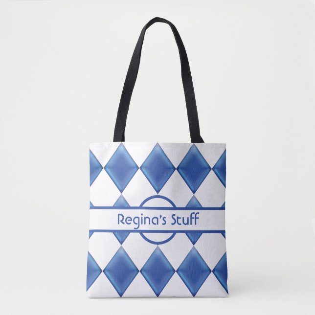 Personalized Blue Glass and White Harlequins Tote Bag (Front)