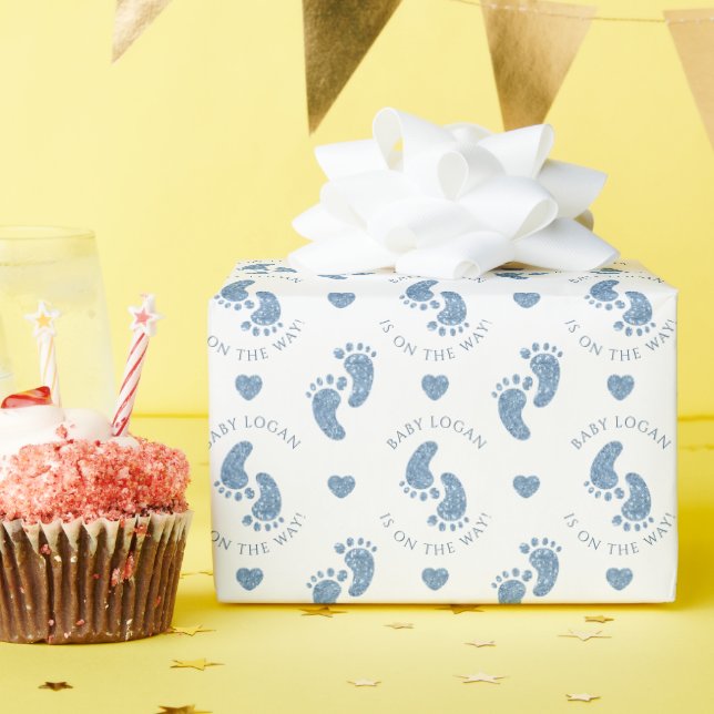 Personalized Blue Glitter Baby Feet Baby Shower Wrapping Paper (Birthday Party)