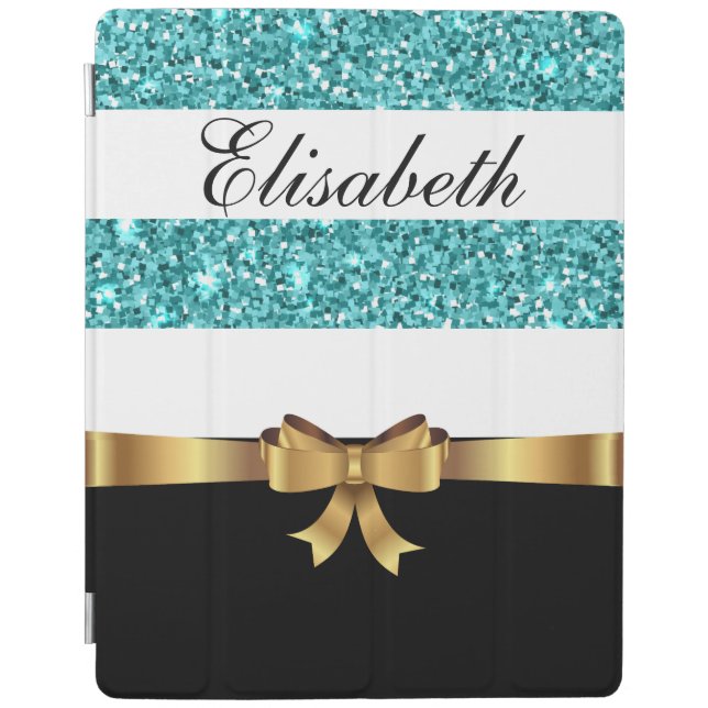 Personalized BLUE glitter Black  white Stripes BOW iPad Smart Cover (Front)