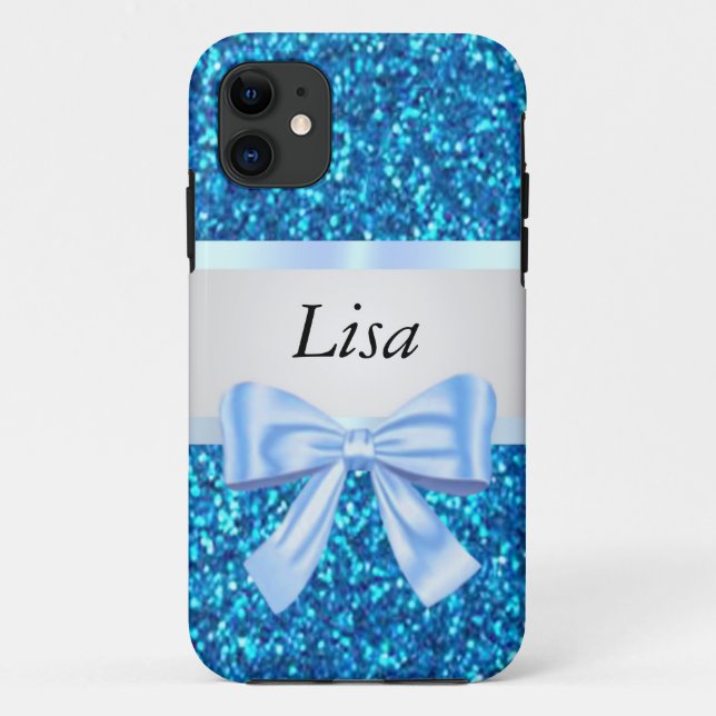 Personalized Blue Glitter Blue Bow Case-Mate iPhone Case (Back)