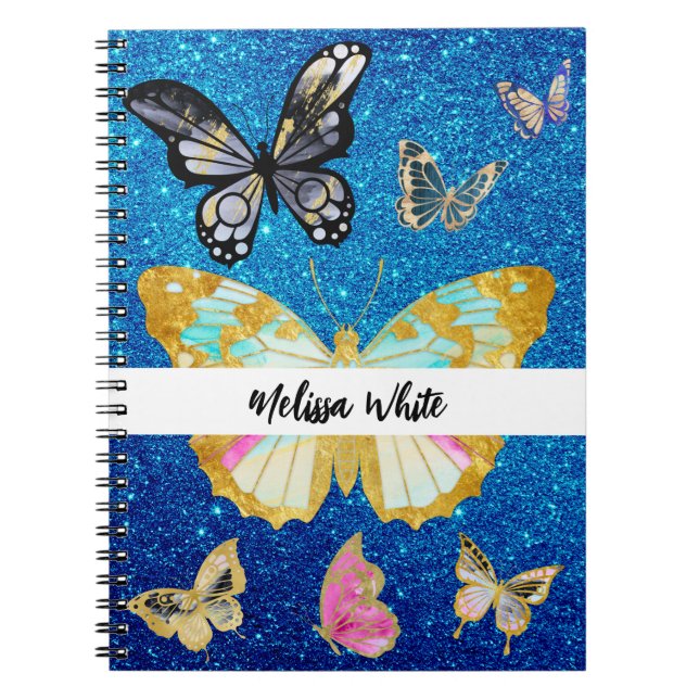 Personalized Blue Glitter Butterfly Notebook (Front)