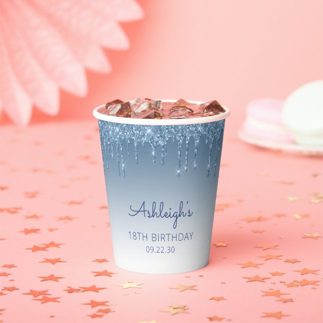 Personalized Blue Glitter Drip 18th Birthday Party Paper Cups (Insitu)