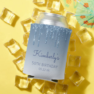 Personalized Blue Glitter Drip 50th Birthday Can Cooler