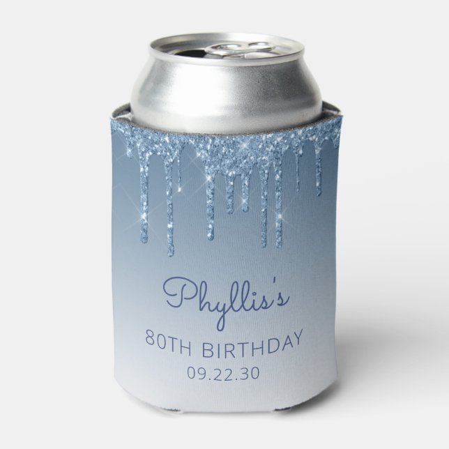 Personalized Blue Glitter Drip 80th Birthday Can Cooler (Can Front)