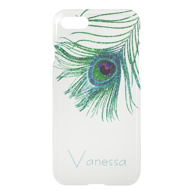 Personalized Blue Glitter Peacock Feather Clear Uncommon iPhone Case (Back)