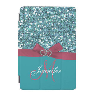Personalized Blue Glitter, Pink Printed Bow iPad Mini Cover