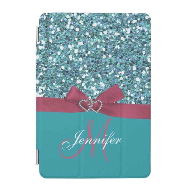 Personalized Blue Glitter, Pink Printed Bow iPad Mini Cover (Front)