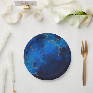 Personalized Blue Gold Alcohol Ink Paper Plates