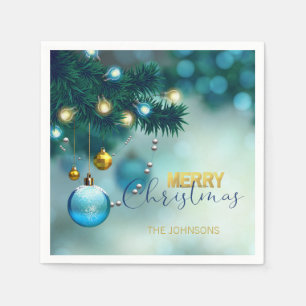 Personalized Blue Gold Baubles Tree CHRISTMAS Napkins