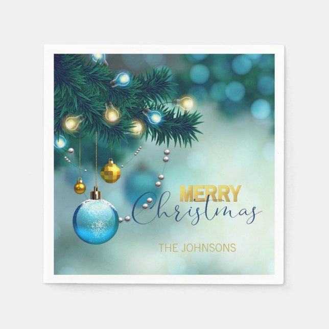 Personalized Blue Gold Baubles Tree CHRISTMAS Napkins (Front)