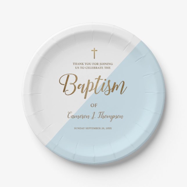 Personalized Blue Gold Cross Baby Baptism Paper Plates (Front)