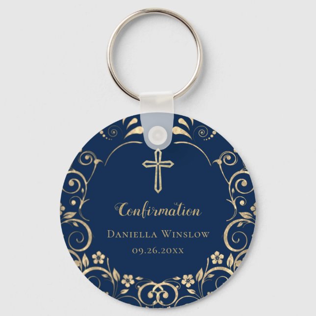 Personalized  Blue Gold Cross Confirmation Keychain (Front)