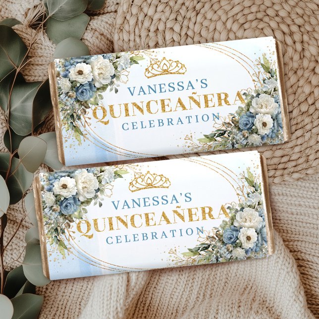 Personalized Blue Gold Floral Greenery Quince  Hershey Bar Favors (Personalized Blue Gold Floral Greenery Quince Hershey)