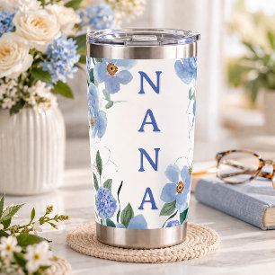 Personalized Blue Gold Floral Nana Water Bottle Insulated Tumbler