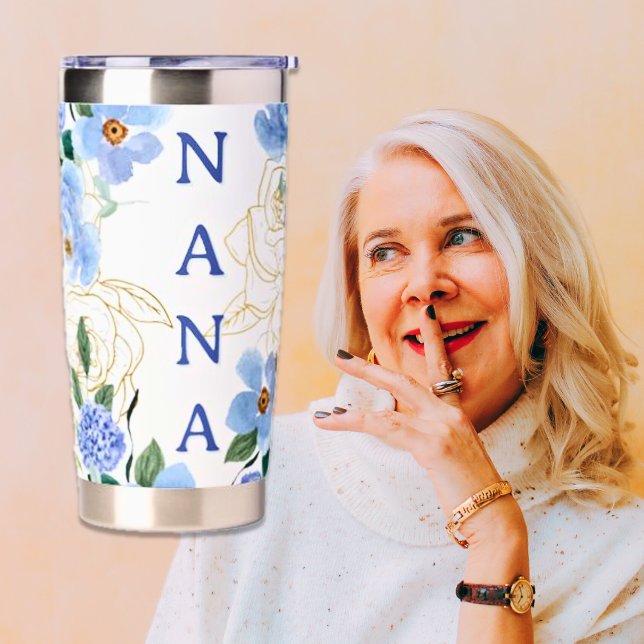 Personalized Blue Gold Floral Nana Water Bottle Insulated Tumbler (Nana, [like a Grandma only more sophisticated,] pretty blue and gold floral design.)