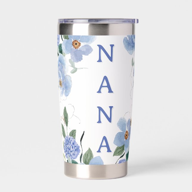 Personalized Blue Gold Floral Nana Water Bottle Insulated Tumbler (Left)