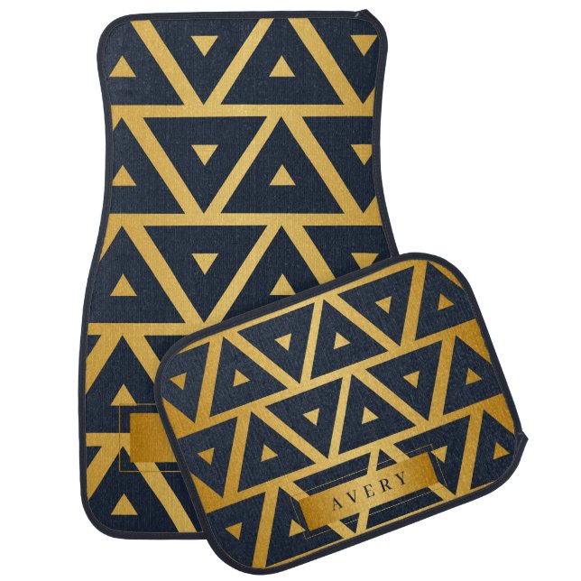 Personalized Blue Gold Geometric pattern Car Floor Mat (Set)