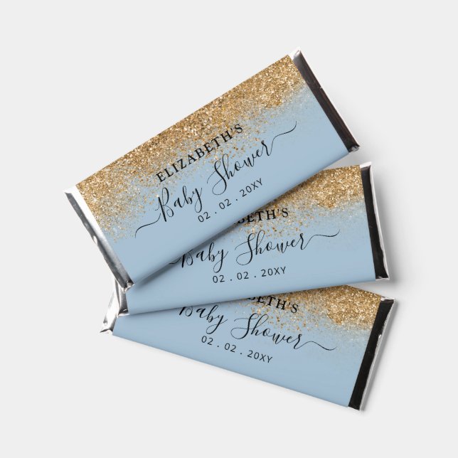 Personalized Blue Gold Glitter Boy Baby Shower Hershey Bar Favors (Front)