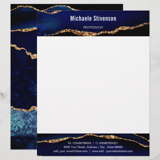 Personalized Blue Gold Glitter Letterhead Example (Front/Back)
