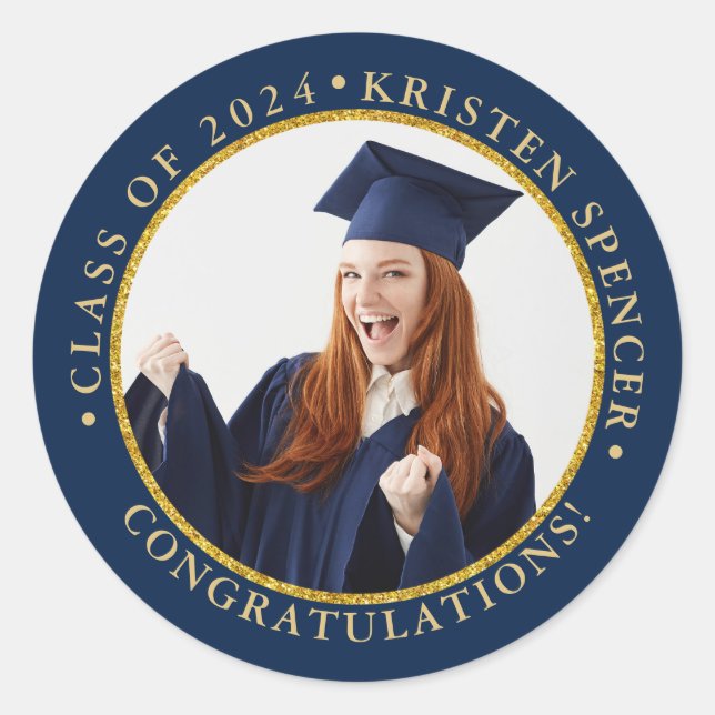 Personalized Blue Gold Graduate Photo Graduation Classic Round Sticker (Front)