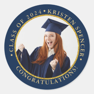 Personalized Blue Gold Graduate Photo Graduation Classic Round Sticker