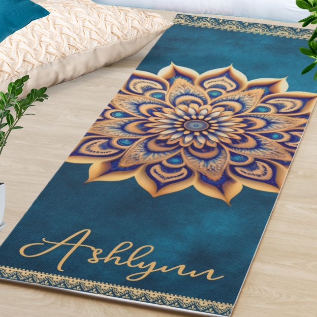 Personalized Blue & Gold Mandala Double Sided Yogi Yoga Mat (Add your own name to personalize this elegant blue & gold mandala yoga mat. This mat is double sided)