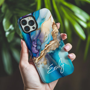 Personalized Blue Gold Marble Calligraphy Name iPhone 16 Pro Max Case