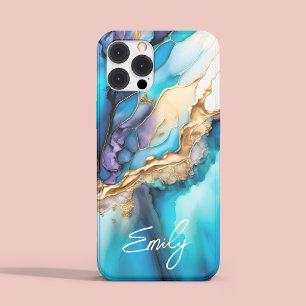 Personalized Blue Gold Marble Script Name iPhone 15 Pro Max Case