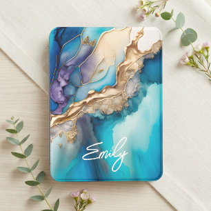 Personalized Blue Gold Marble Script Name Kindle Cover