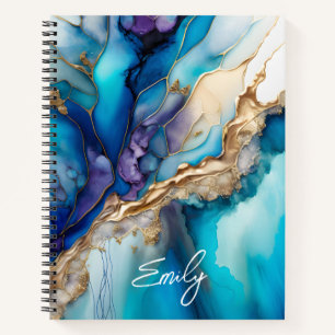 Personalized Blue Gold Marble Script Name Notebook