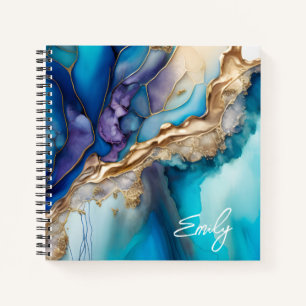 Personalized Blue Gold Marble Script Name Notebook