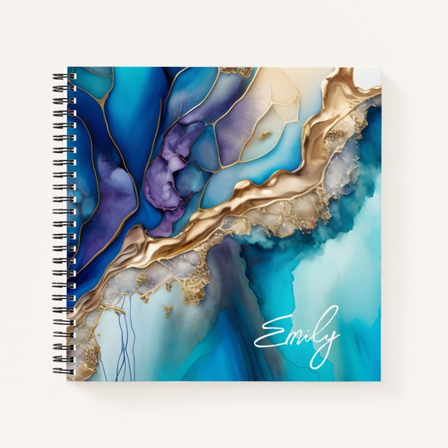 Personalized Blue Gold Marble Script Name  Notebook (Front)