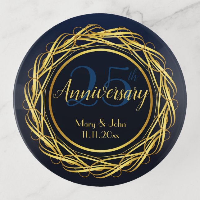 Personalized Blue Gold Royal Anniversary Luxury Trinket Tray (Front)