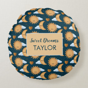 Personalized Blue Gold Sun Moon Sweet Dreams Name Round Pillow