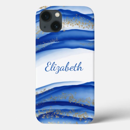 Personalized Blue Gold White Ink Swirl Watercolor iPhone 13 Case
