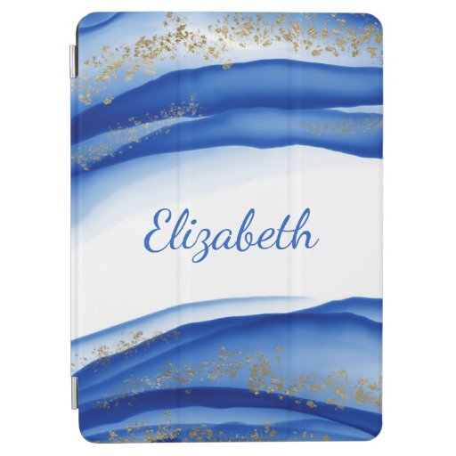 Personalized Blue Gold White Ink Swirl Watercolor  iPad Air Cover