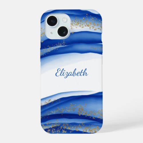 Personalized Blue Gold White Ink Swirl Watercolor iPhone 15 Case
