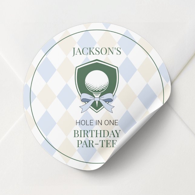Personalized Blue Golf Boys First Birthday Partee Classic Round Sticker (Personalized Blue Golf Boys First Birthday Partee Classic Round Sticker)