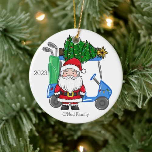 Personalized Blue Golf Cart Santa Christmas Tree Ceramic Ornament