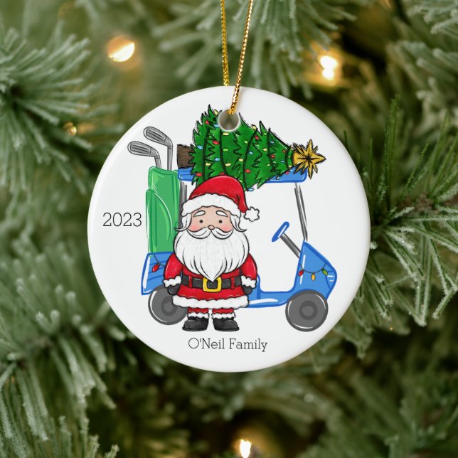 Personalized Blue Golf Cart Santa Christmas Tree Ceramic Ornament (Tree)