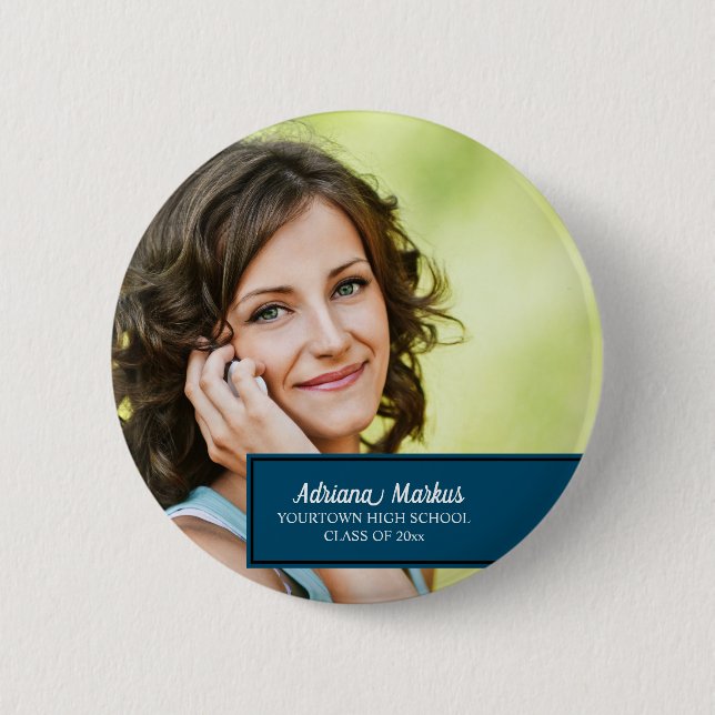 Personalized Blue Graduation School Year Photo Button (Front)