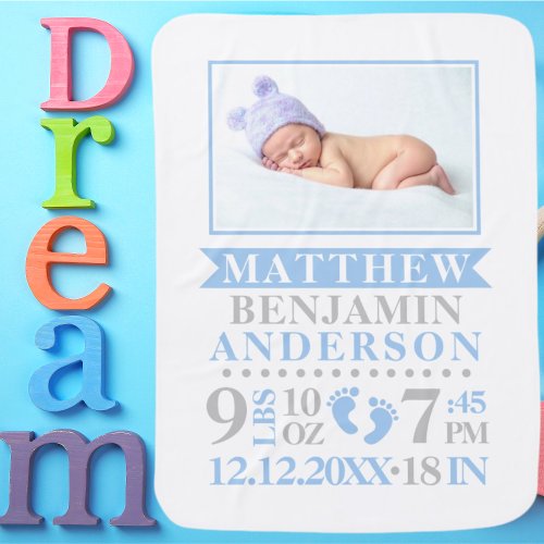 Personalized Blue Gray Baby Boy Birth Stats PHOTO Baby Blanket