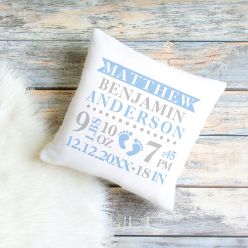 Personalized Blue Gray Birth Stat BABY Boy Nursery Throw Pillow