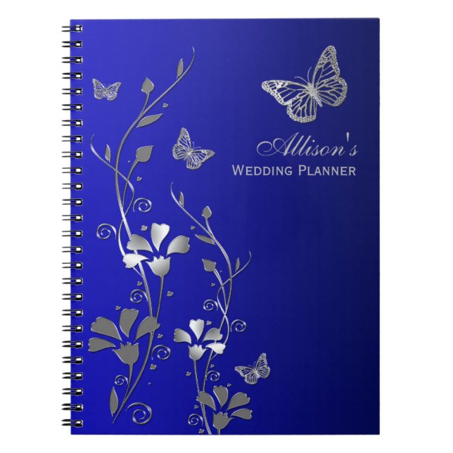 Personalized Blue, Gray Butterfly Floral Notebook (Front)