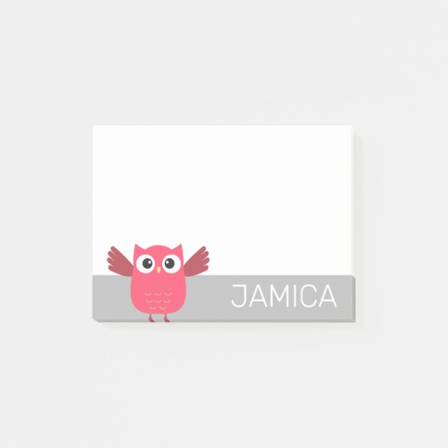 Personalized Blue & Gray Cartoon Owl Post-it Notes (Front)