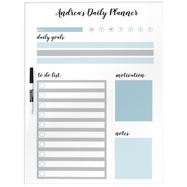 Personalized Blue Gray Daily Planner Dry Erase Board (Front)