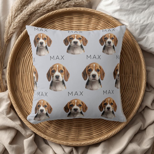 Personalized Blue Gray Dog Photo & Name Pattern Throw Pillow (Creator Uploaded)