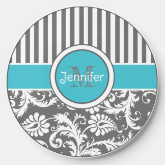 Personalized Blue, Gray Striped, Abstract Floral Wireless Charger