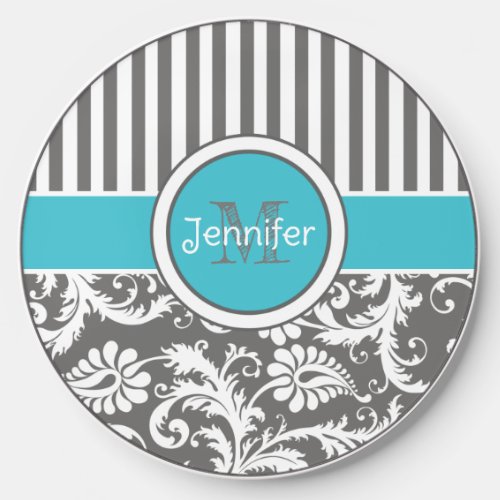 Personalized Blue Gray Striped Abstract Floral Wireless Charger