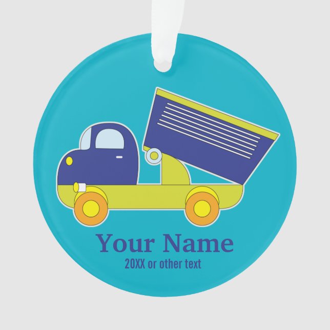 Personalized Blue & Green Construction Dump Truck Ornament (Front)